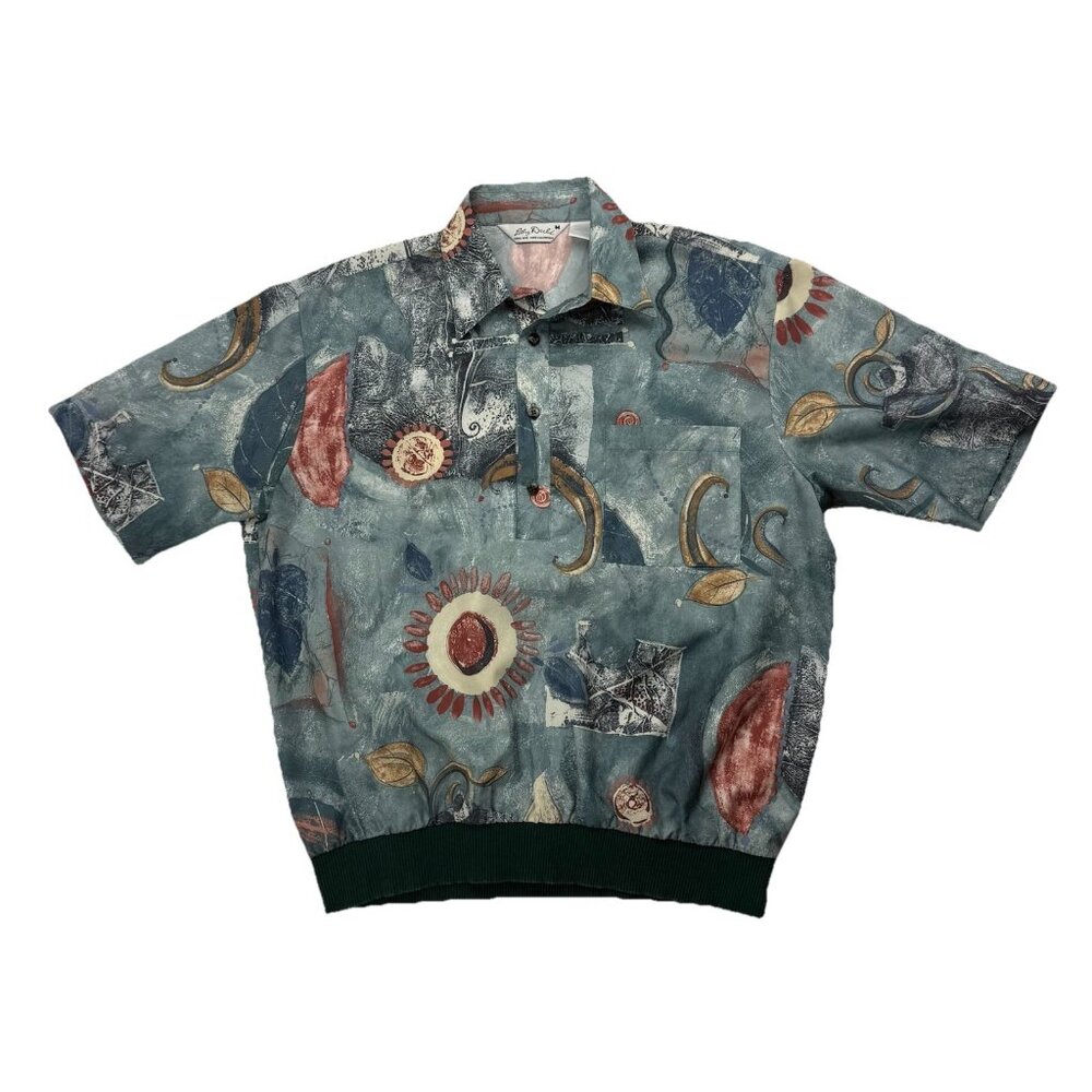 VTG Lilly Dache Mens M Green 70s Floral Disco Polo Short Sleeve Shirt